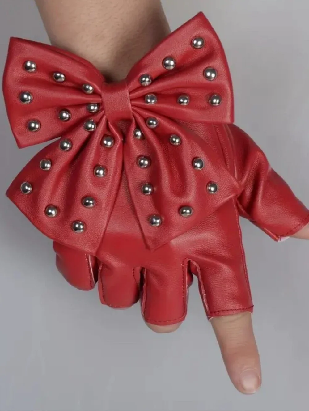 Red Studded Bow, Half-Finger, Snap-Button-Palm, Lined Faux Leather Gloves (OS)